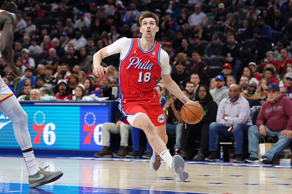 Apr 11, 2025; Philadelphia, Pennsylvania, USA; Philadelphia 76ers center Colin Castleton (18) drives to shoot against the Atlanta Hawks in the third quarter at Wells Fargo Center. Mandatory Credit: Kyle Ross-Imagn Images