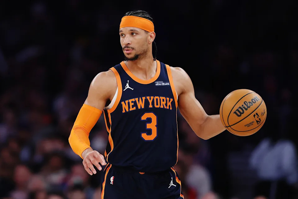 NEW YORK, NEW YORK - MARCH 25: Josh Hart #3 of the New York Knicks dribbles during the first half against the Dallas Mavericks at Madison Square Garden on March 25, 2025 in New York City. NOTE TO USER: User expressly acknowledges and agrees that, by downloading and or using this photograph, User is consenting to the terms and conditions of the Getty Images License Agreement. (Photo by Sarah Stier/Getty Images)