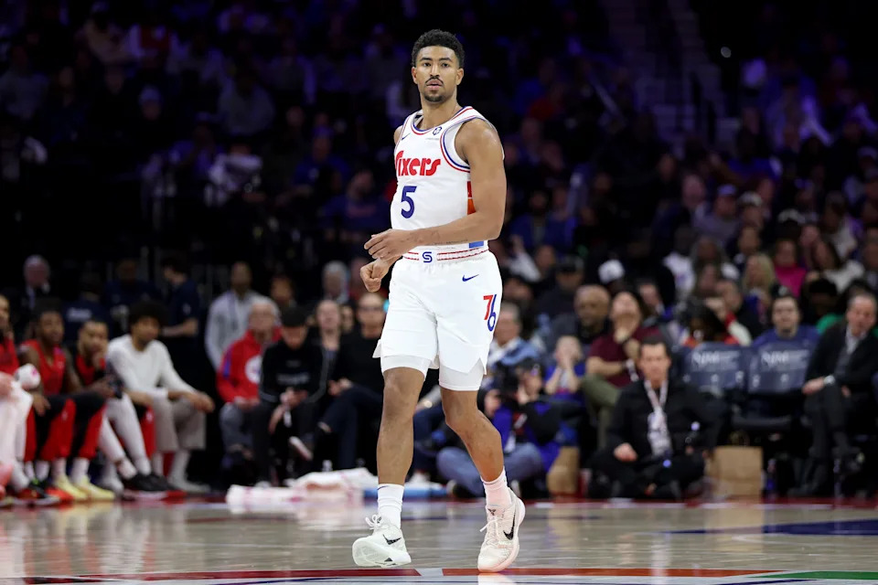 PHILADELPHIA, PENNSYLVANIA - MARCH 03: Quentin Grimes #5 of the Philadelphia 76ers looks on during a game against the Portland Trail Blazers at the Wells Fargo Center on March 03, 2025 in Philadelphia, Pennsylvania. NOTE TO USER: User expressly acknowledges and agrees that, by downloading and or using this photograph, User is consenting to the terms and conditions of the Getty Images License Agreement. (Photo by Emilee Chinn/Getty Images)