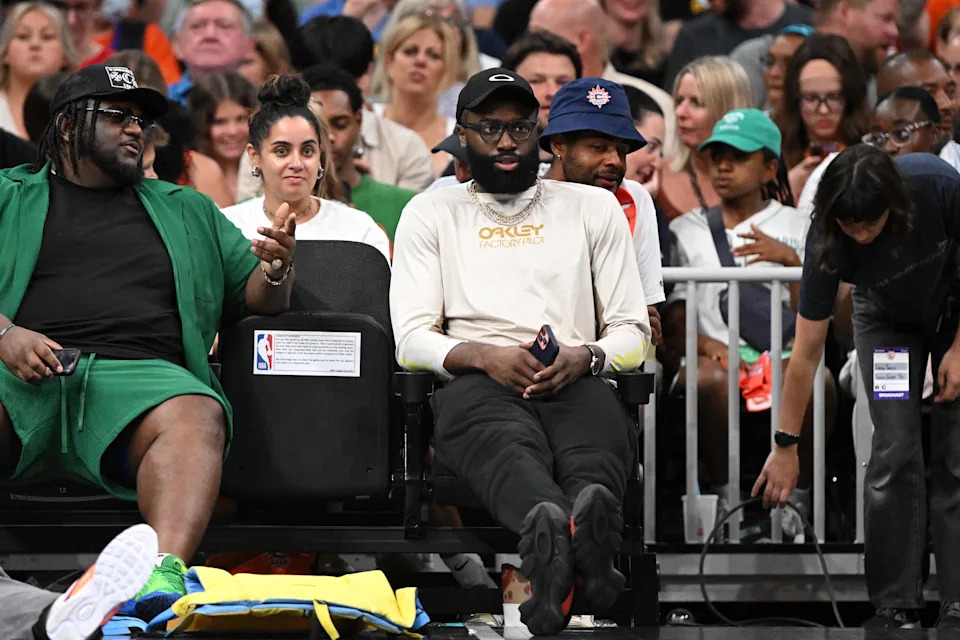 BOSTON, MASSACHUSETTS - JULY 15: Jaylen Brown of the Boston Celtics watches a game between the Connecticut Sun and the Indiana Fever during the first half at the TD Garden on July 15, 2025 in Boston, Massachusetts. NOTE TO USER: User expressly acknowledges and agrees that, by downloading and/or using this Photograph, user is consenting to the terms and conditions of the Getty Images License Agreement. (Photo by Brian Fluharty/Getty Images)