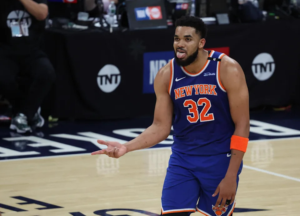 May 25, 2025; Indianapolis, Indiana, USA; New York Knicks center Karl-Anthony Towns (32) reacts during the fourth quarter against the Indiana Pacers during game three of the eastern conference finals for the 2025 NBA Playoffs at Gainbridge Fieldhouse. Mandatory Credit: Trevor Ruszkowski-Imagn Images