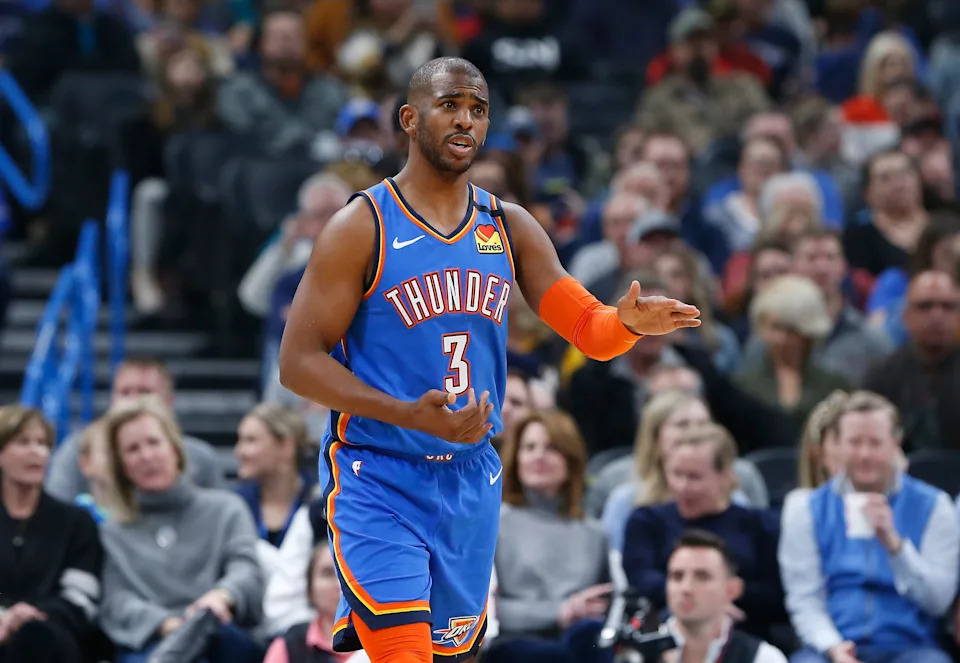 Feb 7, 2020; Oklahoma City, Oklahoma, USA; Oklahoma City Thunder guard Chris Paul (3) directs his team against the Detroit Pistons during the first quarter at Chesapeake Energy Arena. Mandatory Credit: Alonzo Adams-USA TODAY Sports