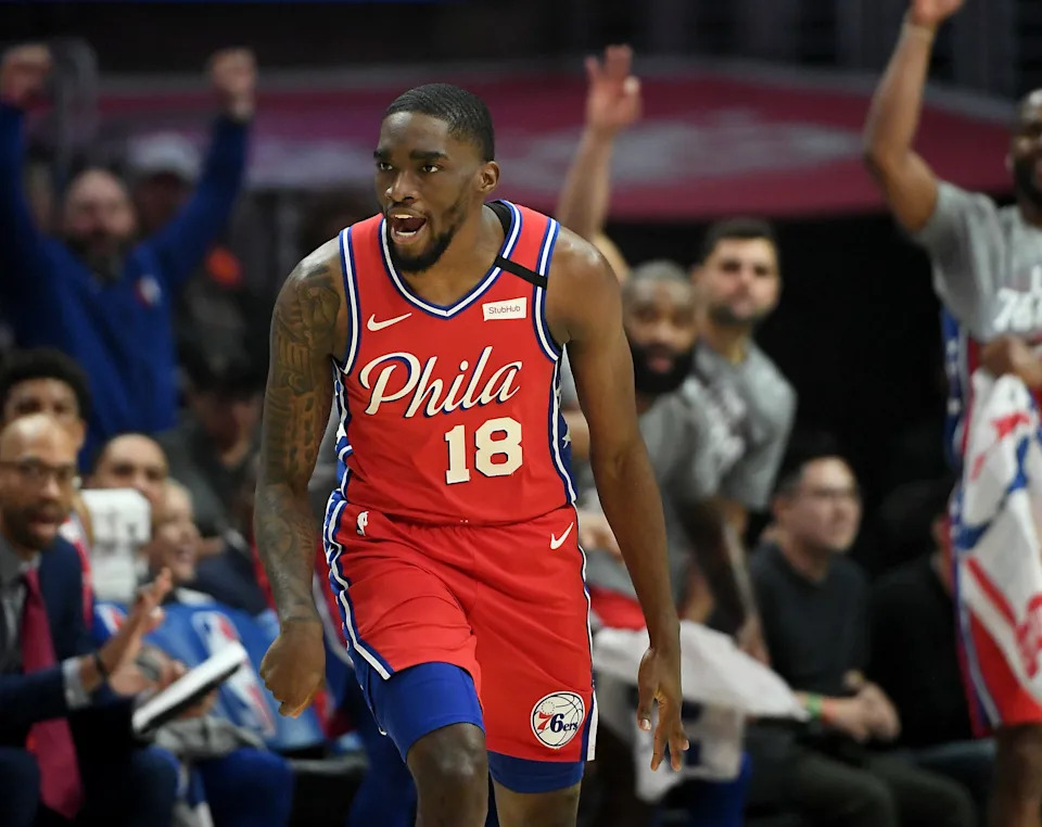 Mar 1, 2020; Los Angeles, California, USA; Philadelphia 76ers guard Shake Milton (18) heads down court after a three point basket in the first half of the game against the Los Angeles Clippers at Staples Center. Mandatory Credit: Jayne Kamin-Oncea-USA TODAY Sports
