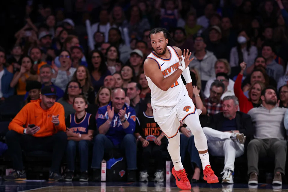 Oct 9, 2024; New York, New York, USA; New York Knicks guard Jalen Brunson (11) reacts after a basket against the Washington Wizards during the first half at Madison Square Garden. Mandatory Credit: Vincent Carchietta-Imagn Images