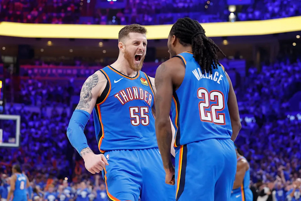 May 18, 2025; Oklahoma City, Oklahoma, USA; Oklahoma City Thunder center Isaiah Hartenstein (55) celebrates with guard Cason Wallace (22) after a basket against the Denver Nuggets in the second half during game seven of the second round for the 2025 NBA Playoffs at Paycom Center. Mandatory Credit: Alonzo Adams-Imagn Images