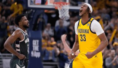 Indiana Pacers' Myles Turner reacts during the second half of Game 4 of the first round NBA playoff basketball series against the Milwaukee Bucks, Sunday, April 28, 2024, in Indianapolis. (AP Photo/Michael Conroy)