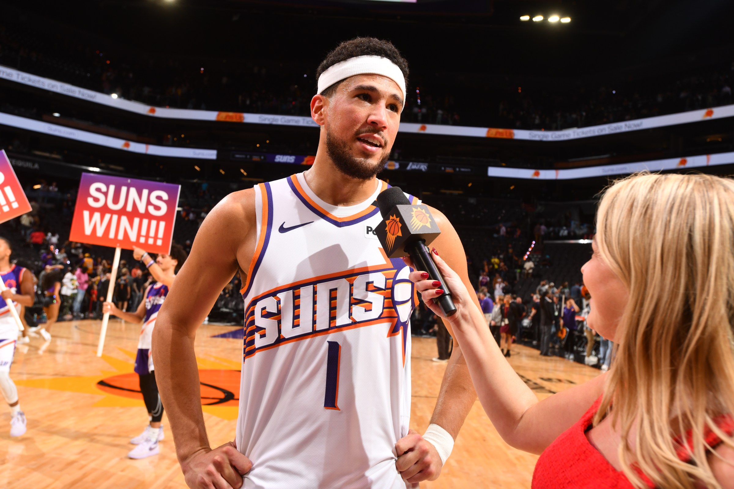 PHOENIX, AZ - OCTOBER 28: Devin Booker #1 of the Phoenix Suns is interview after the game against the Los Angeles Lakers on October 28, 2024 at Footprint Center in Phoenix, Arizona. Copyright 2024 NBAE (Photo by Barry Gossage/NBAE via Getty Images)
