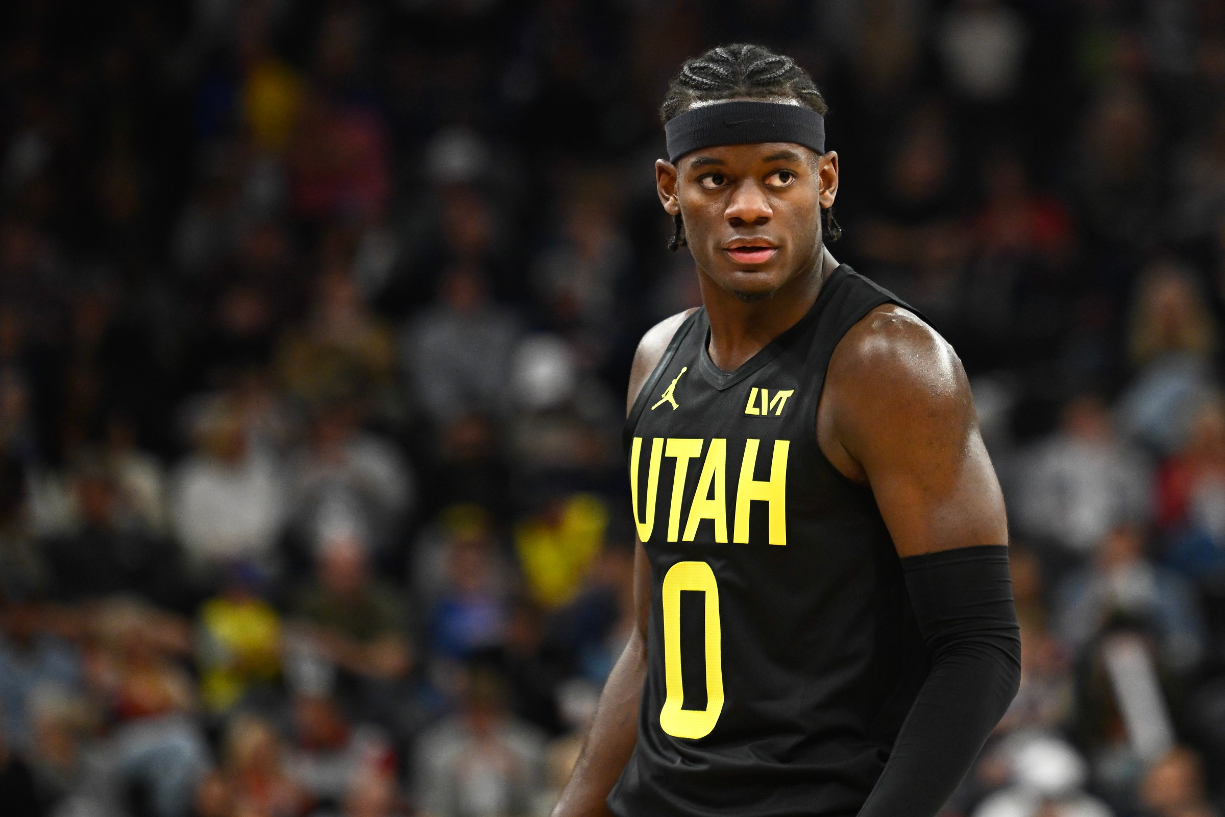 SALT LAKE CITY, UTAH - OCTOBER 25: Taylor Hendricks #0 of the Utah Jazz in action during the first half of a game against the Golden State Warriors at Delta Center on October 25, 2024 in Salt Lake City, Utah. NOTE TO USER: User expressly acknowledges and agrees that, by downloading and or using this photograph, User is consenting to the terms and conditions of the Getty Images License Agreement. (Photo by Alex Goodlett/Getty Images)