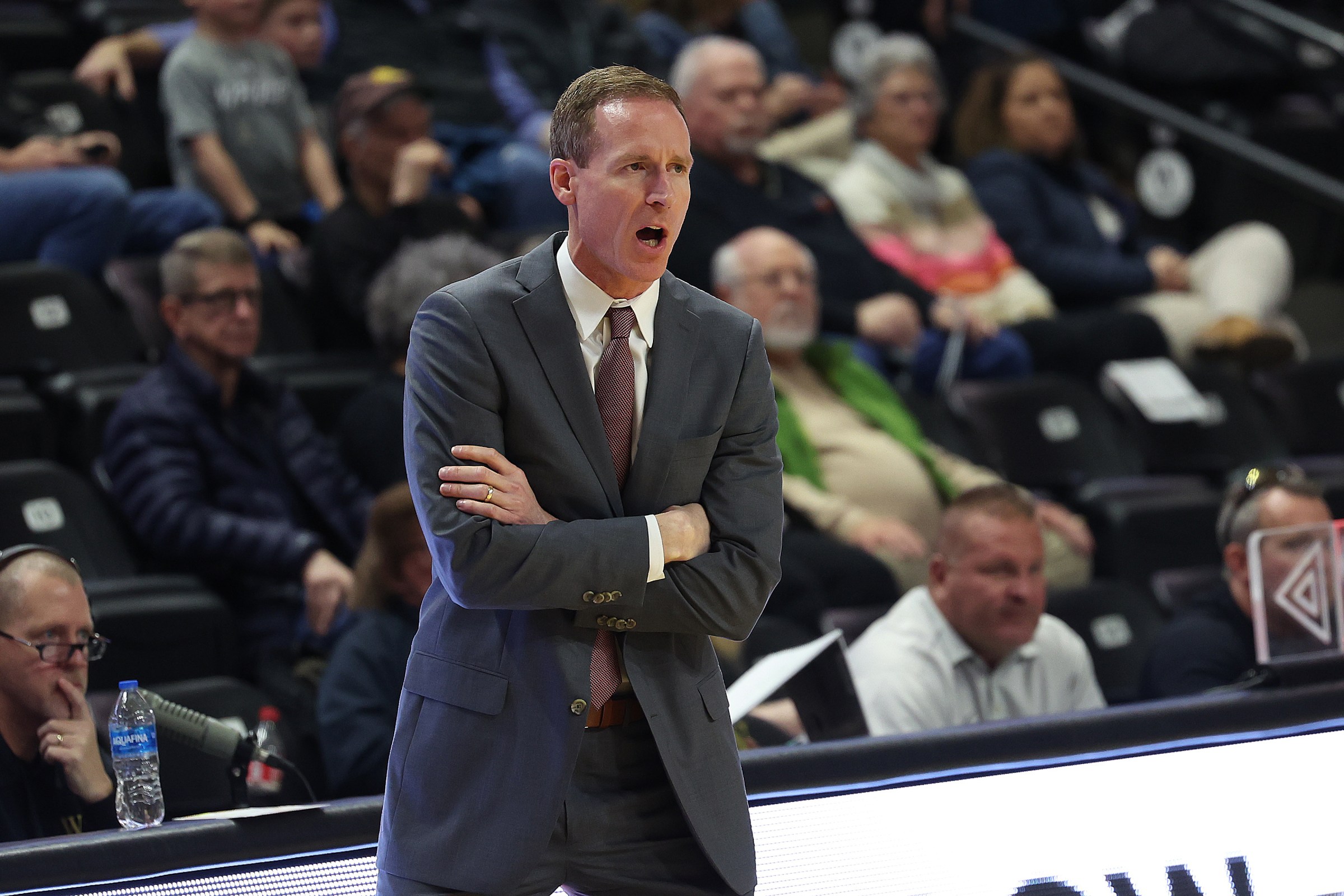 SPARTANBURG, SC - JANUARY 29: VMI Keydets head coach Andrew Wilson during a college basketball game between the VMI Keydets and the Wofford Terriers on January 29, 2025 at Jerry Richardson Indoor Stadium in Spartanburg, S.C. (Photo by John Byrum/Icon Sportswire via Getty Images)
