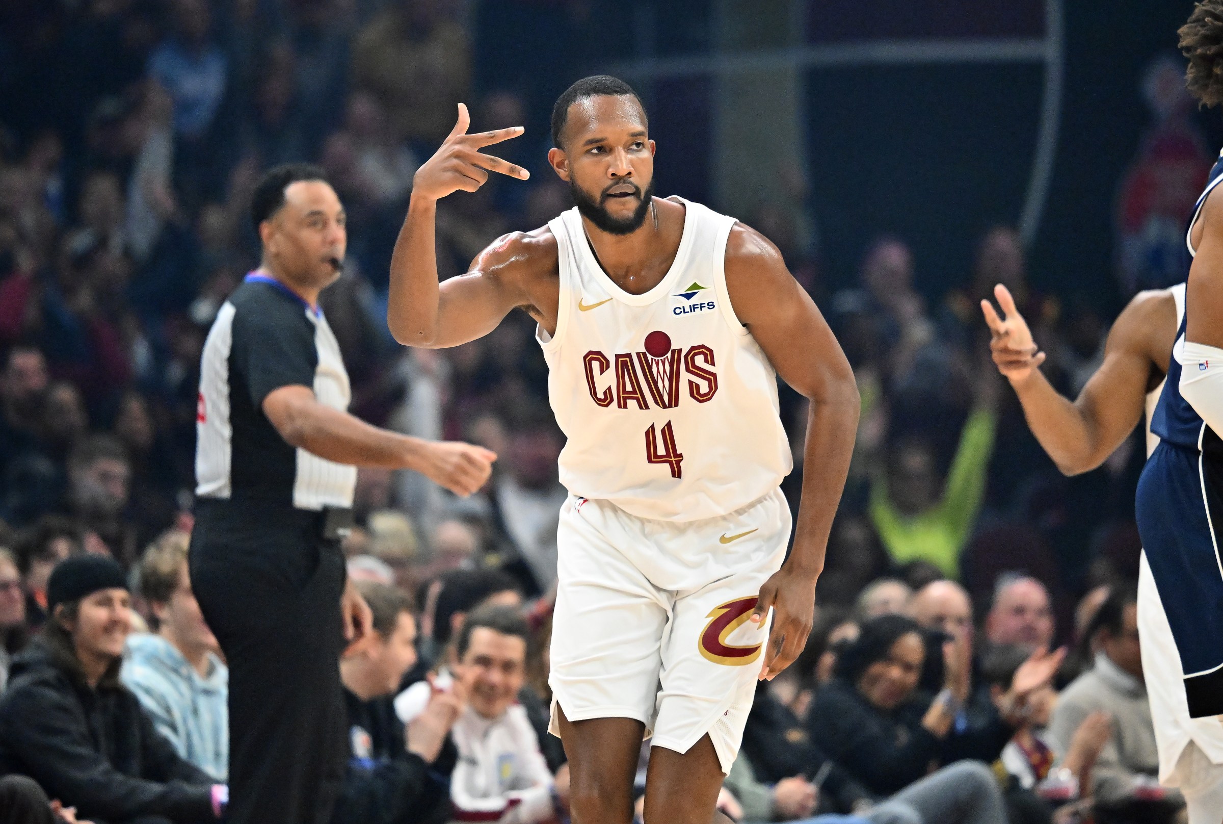 CLEVELAND, OHIO - FEBRUARY 02: Evan Mobley #4 of the Cleveland Cavaliers celebrates during the first quarter against the Dallas Mavericks at Rocket Mortgage Fieldhouse on February 02, 2025 in Cleveland, Ohio. NOTE TO USER: User expressly acknowledges and agrees that, by downloading and or using this photograph, User is consenting to the terms and conditions of the Getty Images License Agreement. (Photo by Jason Miller/Getty Images)