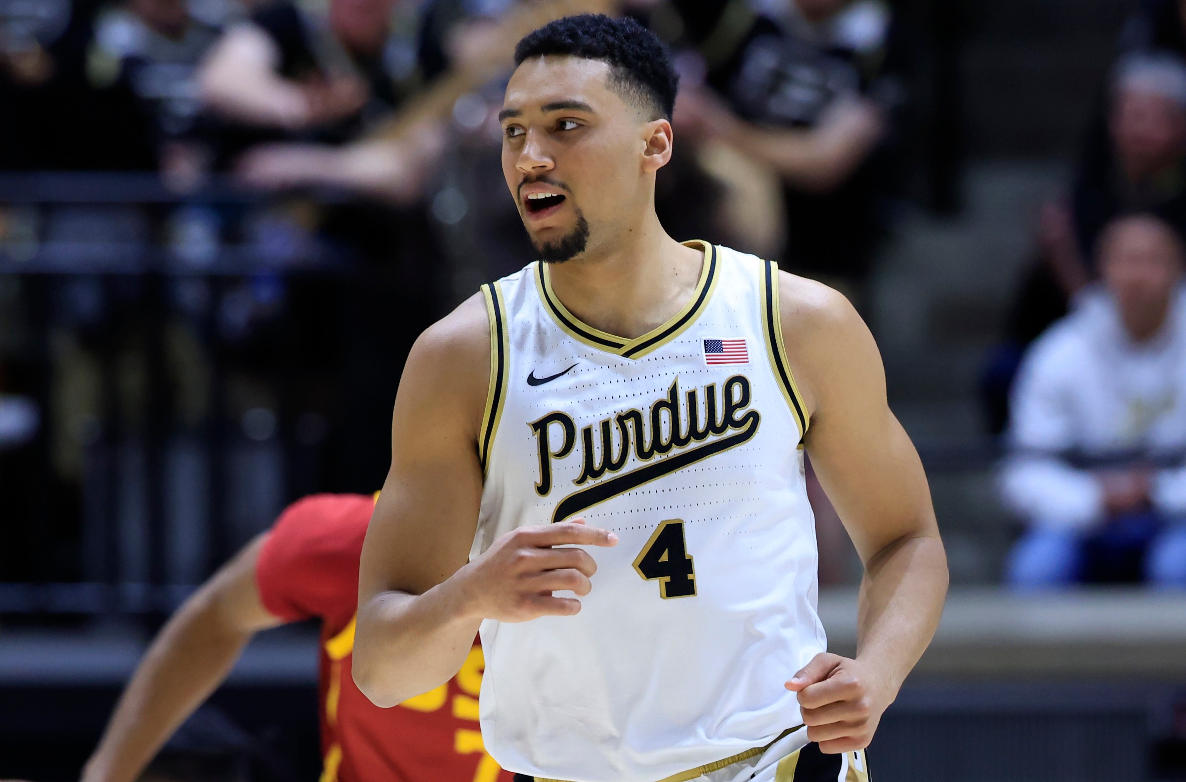 WEST LAFAYETTE, INDIANA - FEBRUARY 07: Trey Kaufman-Renn #4 of the Purdue Boilermakers reacts against the USC Trojans during the first half at Mackey Arena on February 07, 2025 in West Lafayette, Indiana. (Photo by Justin Casterline/Getty Images)