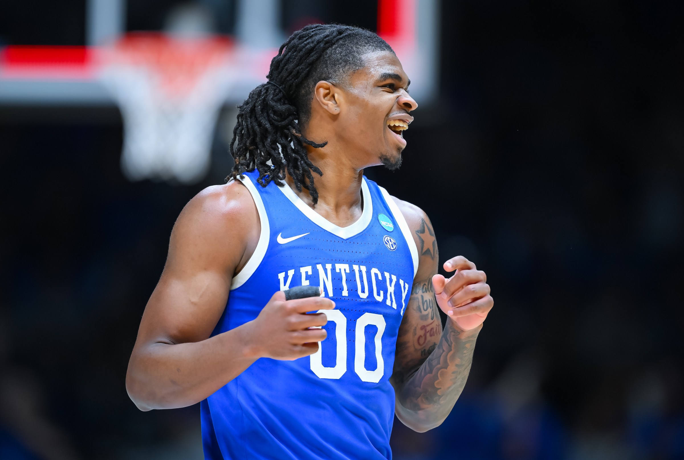 INDIANAPOLIS, INDIANA - MARCH 28: Otega Oweh #00 of the Kentucky Wildcats reacts during the first half against the Tennessee Volunteers in the Sweet Sixteen round of the 2025 NCAA Men’s Basketball Tournament held at Lucas Oil Stadium on March 28, 2025 in Indianapolis, Indiana. (Photo by Andy Hancock/NCAA Photos/NCAA Photos via Getty Images)