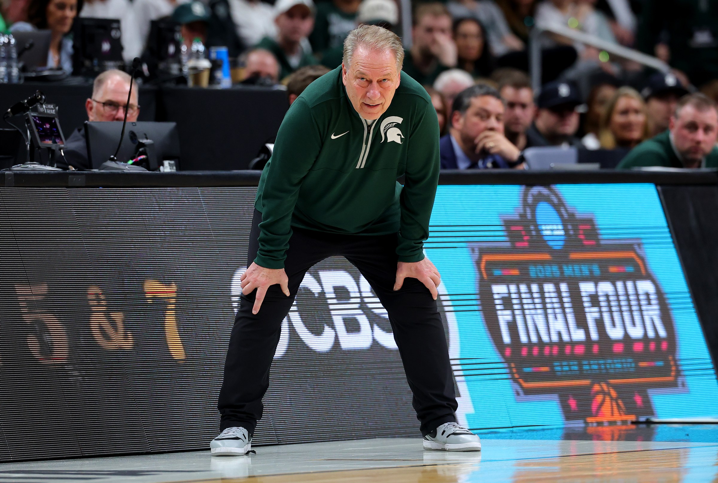 ATLANTA, GEORGIA - MARCH 30: Head coach Tom Izzo of the Michigan State Spartans reacts against the Auburn Tigers during the second half in the South Regional Elite Eight round of the NCAA Men’s Basketball Tournament at State Farm Arena on March 30, 2025 in Atlanta, Georgia. (Photo by Kevin C. Cox/Getty Images)