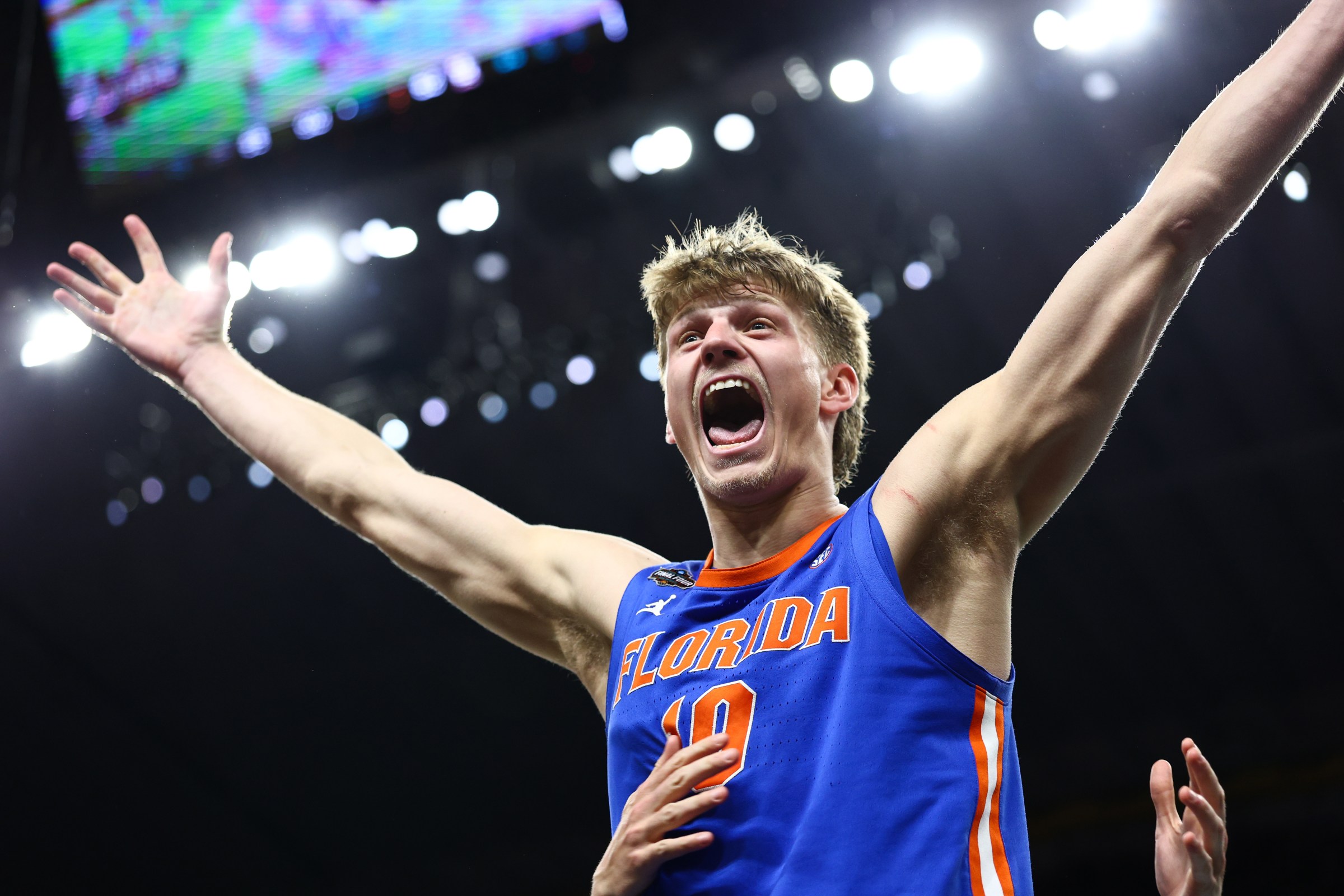 SAN ANTONIO, TEXAS - APRIL 07: Thomas Haugh #10 of the Florida Gators celebrates a win during the NCAA Men’s Basketball National Championship game at Alamodome on April 07, 2025 in San Antonio, Texas. (Photo by Tyler Schank/NCAA Photos via Getty Images)