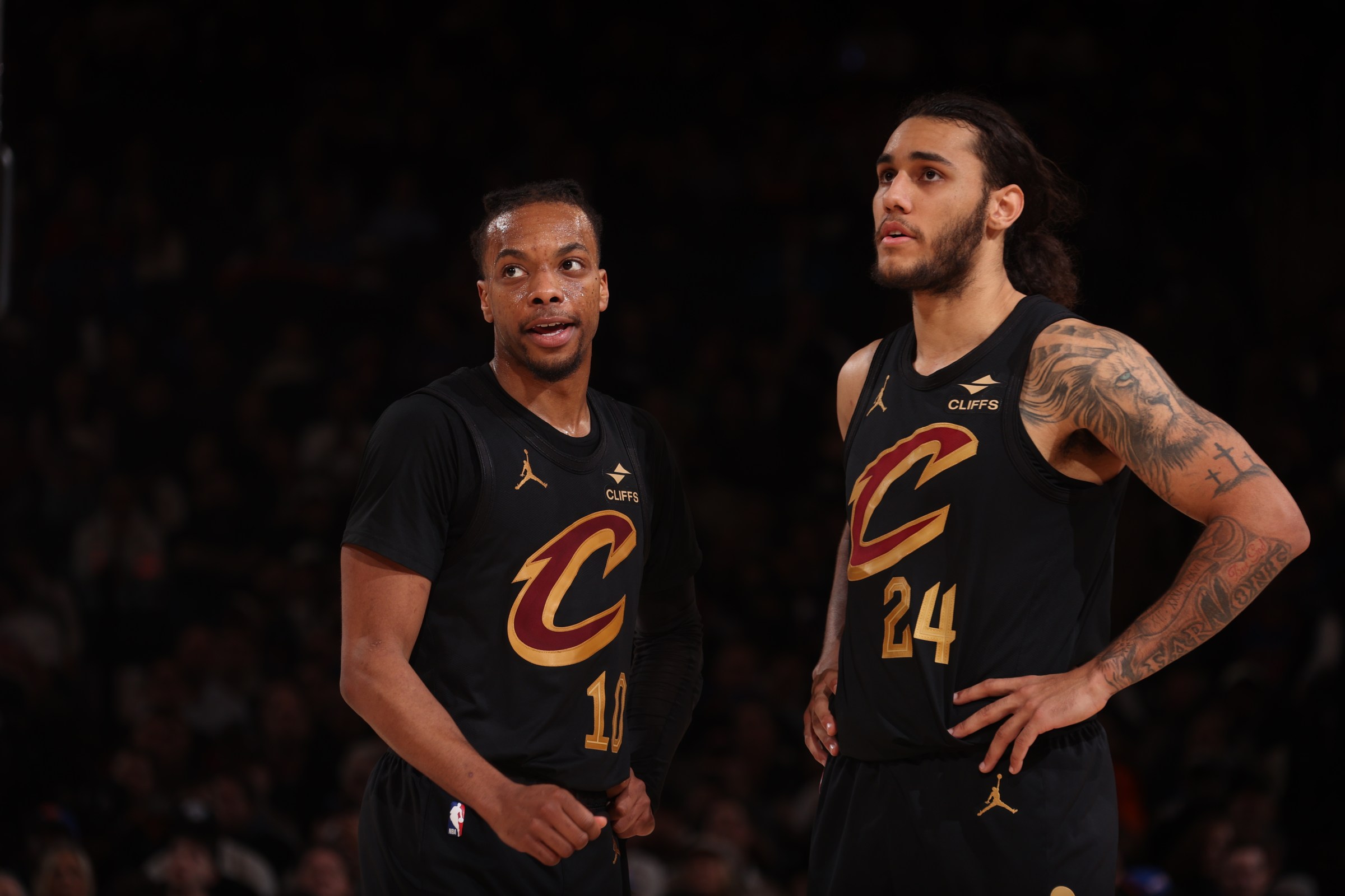 NEW YORK, NY - APRIL 11: Darius Garland #10 and Jaylon Tyson #24 of the Cleveland Cavaliers look on during the game against the New York Knicks on April 11, 2025 at Madison Square Garden in New York City, New York. NOTE TO USER: User expressly acknowledges and agrees that, by downloading and or using this photograph, User is consenting to the terms and conditions of the Getty Images License Agreement. Mandatory Copyright Notice: Copyright 2025 NBAE (Photo by Nathaniel S. Butler/NBAE via Getty Images)