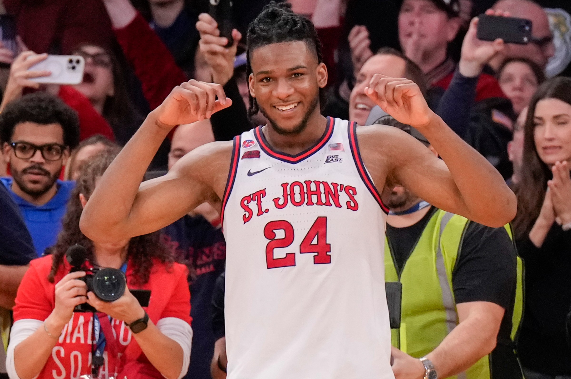 NEW YORK, NY - MARCH 15: Zuby Ejiofor #24 of the St. John’s Red Storm celebrates near the end of the championship game of the Big East Men’s Basketball Tournament against the Creighton Bluejays at Madison Square Garden on March 15, 2025 in New York City. St. John’s won 82-66, capturing its first tournament championship since 2000. (Photo by Porter Binks/Getty Images)