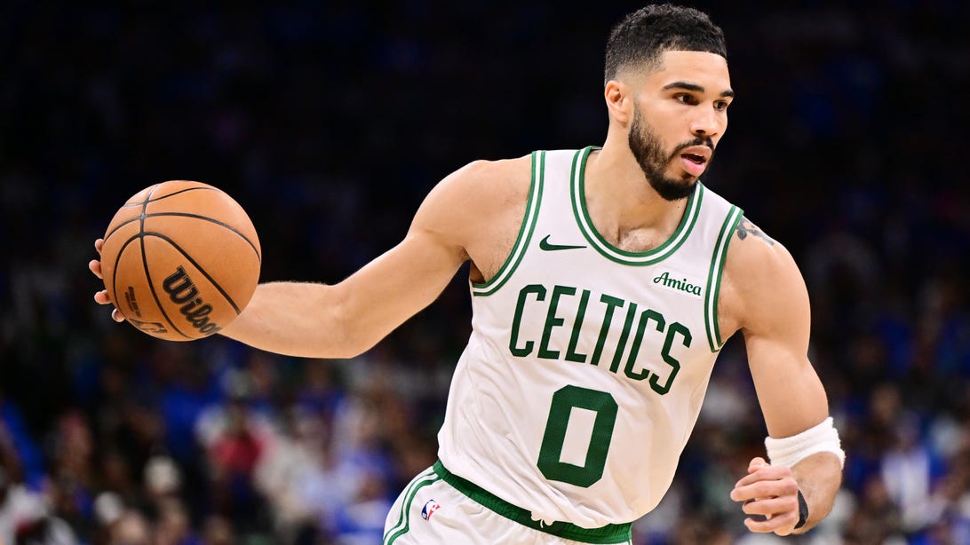 ORLANDO, FLORIDA - APRIL 27: Jayson Tatum #0 of the Boston Celtics dribbles the ball during game 4 of the first round of the 2025 NBA Playoffs against the Orlando Magic at Kia Center on April 27, 2025 in Orlando, Florida. NOTE TO USER: User expressly acknowledges and agrees that, by downloading and or using this photograph, User is consenting to the terms and conditions of the Getty Images License Agreement.