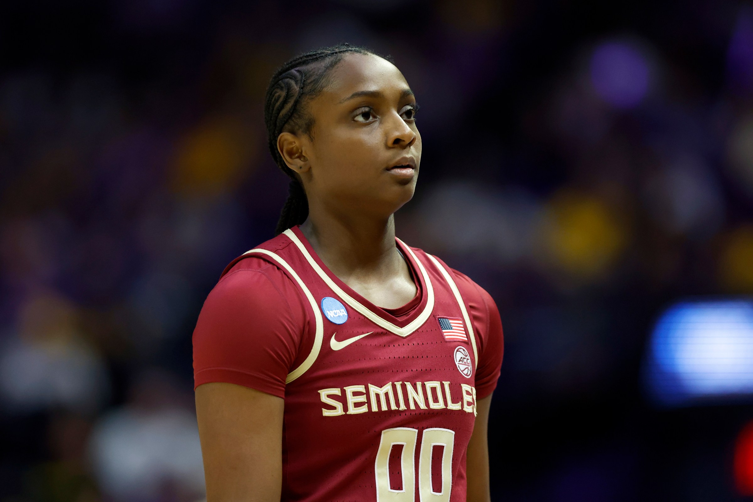 BATON ROUGE, LOUISIANA - MARCH 24: Ta’Niya Latson #00 of the Florida State Seminoles walks backcourt during the second round of the 2025 NCAA women’s basketball against the LSU Lady Tigers tournament held at Pete Maravich Assembly Center on March 24, 2025 in Baton Rouge, Louisiana. (Photo by Tyler Kaufman/Getty Images)