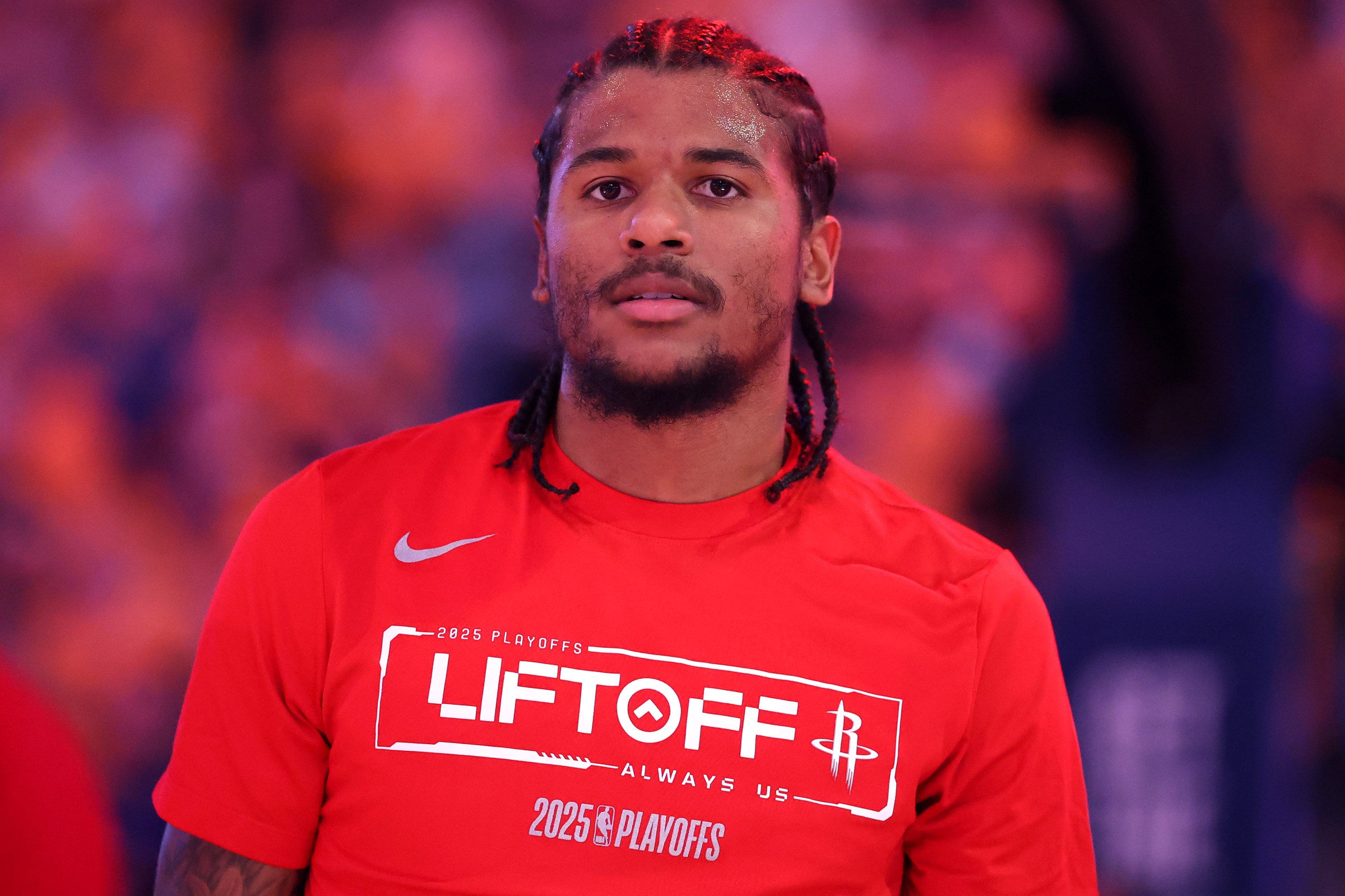 SAN FRANCISCO, CALIFORNIA - MAY 02: Jalen Green #4 of the Houston Rockets looks on prior to Game Six of the Western Conference First Round NBA Playoffs against the Golden State Warriors at Chase Center on May 02, 2025 in San Francisco, California. NOTE TO USER: User expressly acknowledges and agrees that, by downloading and or using this photograph, User is consenting to the terms and conditions of the Getty Images License Agreement. (Photo by Ezra Shaw/Getty Images)