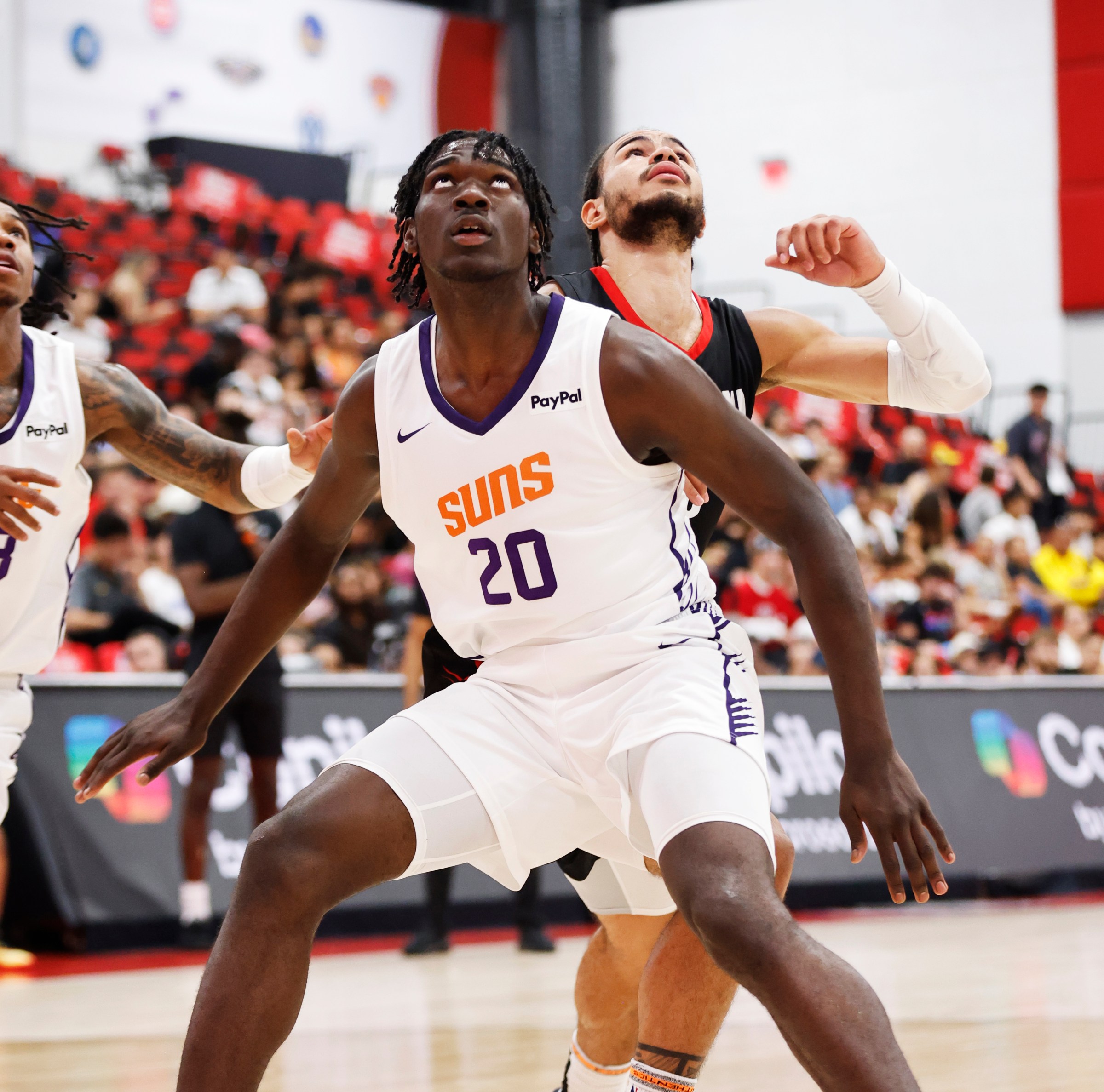 LAS VEGAS, NV - JULY 19: Rasheer Fleming #20 of the Phoenix Suns plays defense during the game against the Portland Trail Blazers during the 2025 NBA Summer League game on July 19, 2025 at the Pavilion in Las Vegas, Nevada. NOTE TO USER: User expressly acknowledges and agrees that, by downloading and or using this photograph, User is consenting to the terms and conditions of the Getty Images License Agreement. Mandatory Copyright Notice: Copyright 2025 NBAE (Photo by Logan Riely/NBAE via Getty Images)