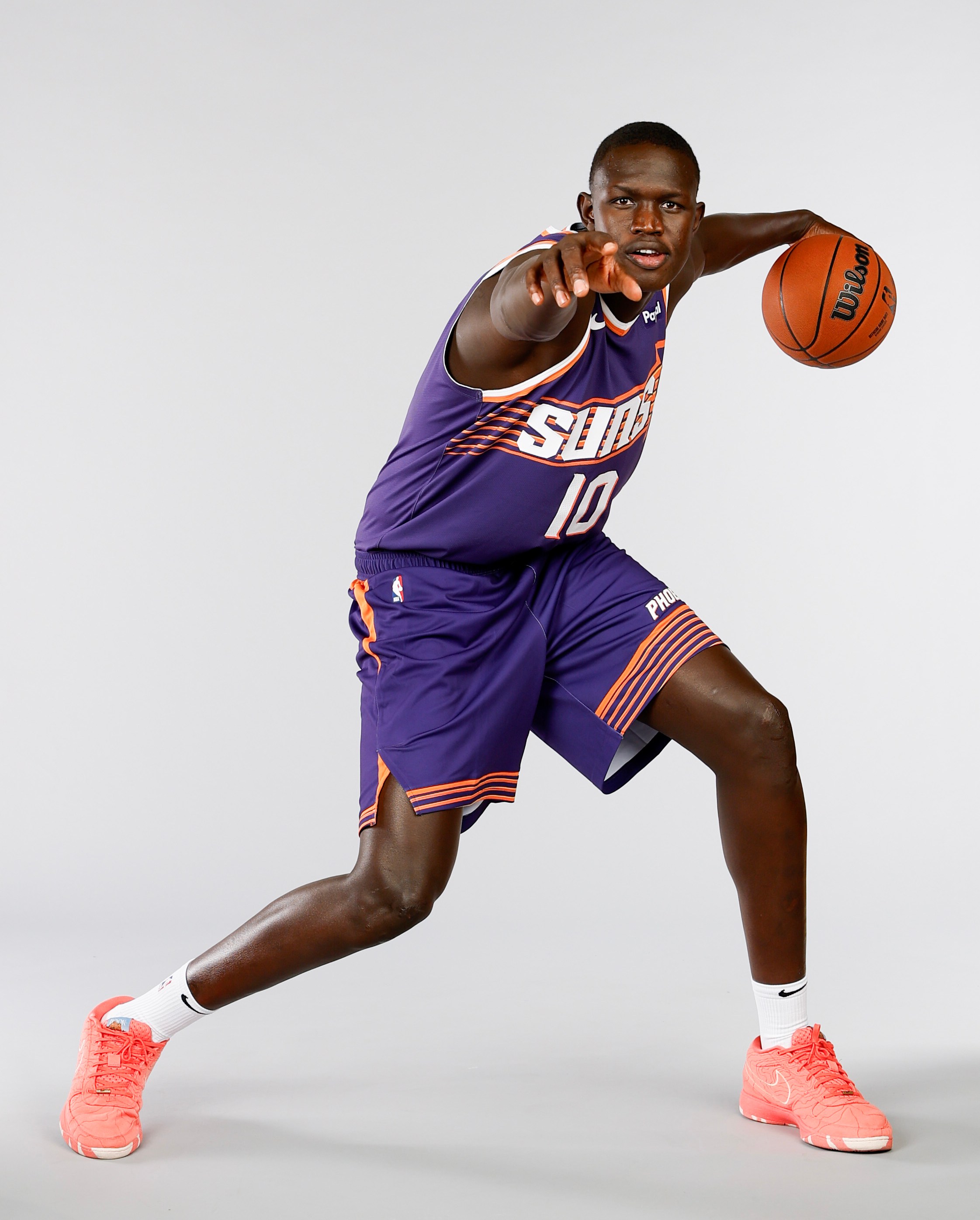 LAS VEGAS, NEVADA - JULY 15: Khaman Maluach #10 of the Phoenix Suns poses for a portrait during the 2025 NBA Rookie Photo Shoot at UNLV on July 15, 2025 in Las Vegas, Nevada. NOTE TO USER: User expressly acknowledges and agrees that, by downloading and or using this photograph, User is consenting to the terms and conditions of the Getty Images License Agreement (Photo by Harry How/Getty Images)