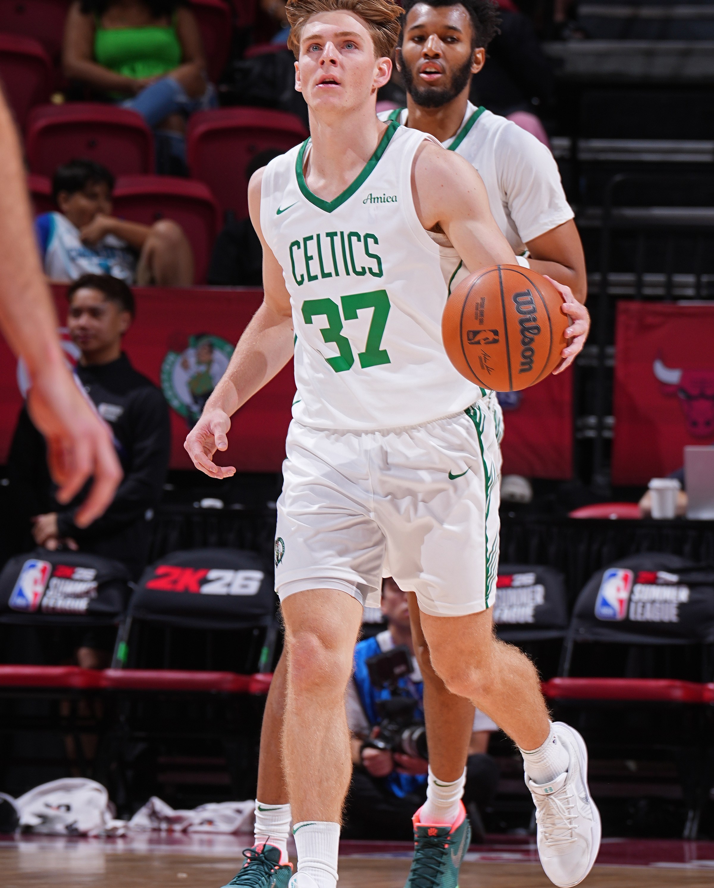 LAS VEGAS, NV - Hayden Gray #37 of the Boston Celtics brings the ball up court during a Sunmer League game (Photo by Garrett Ellwood/NBAE via Getty Images)