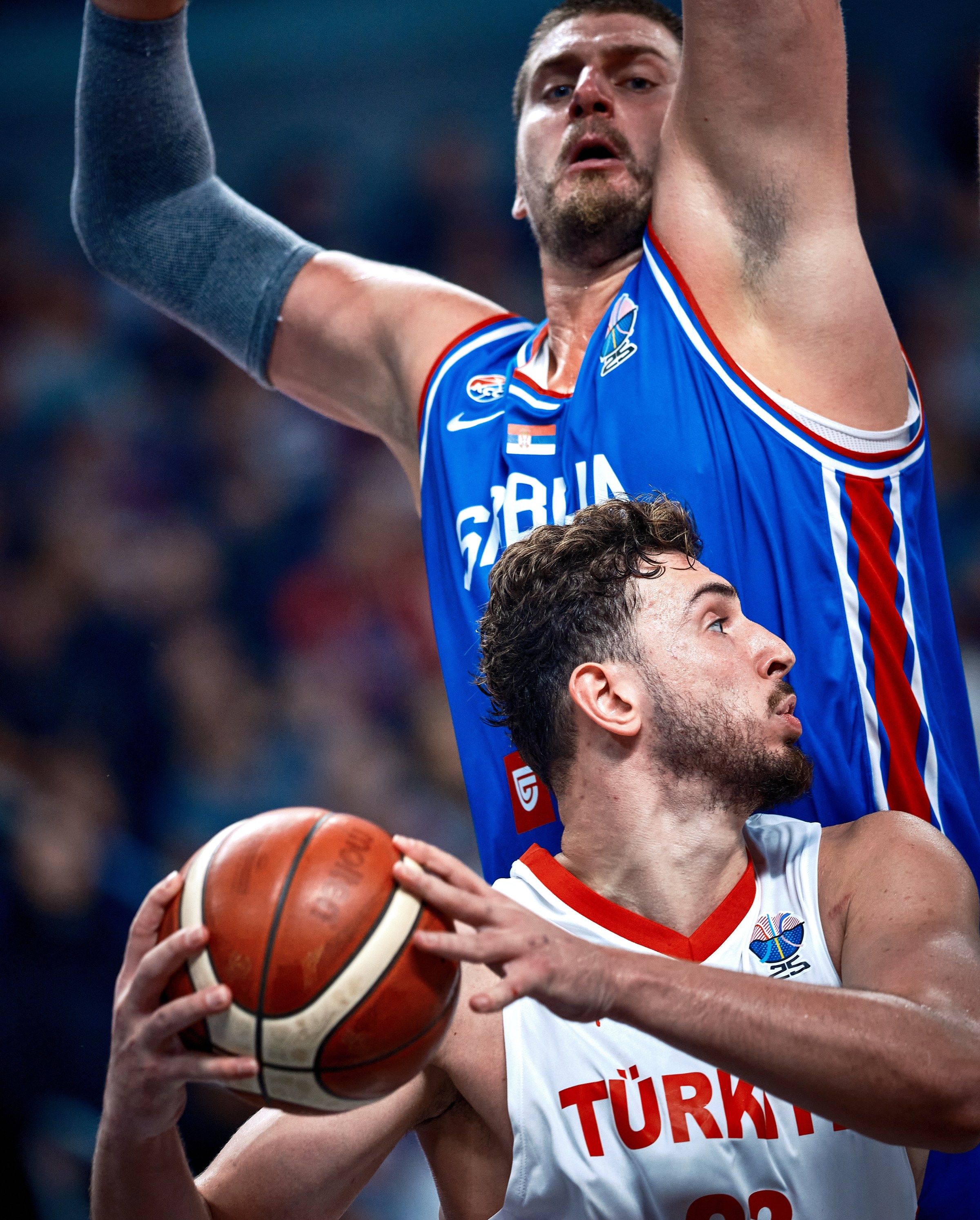 RIGA, LATVIA - SEPTEMBER 03: Alperen Sengun of Türkiye drives to the basket during the Group A FIBA Eurobasket 2025 game between Türkiye and Serbia at Arena Riga on September 03, 2025 in Riga, Latvia. (Photo by Hendrik Osula/FIBA via Getty Images)