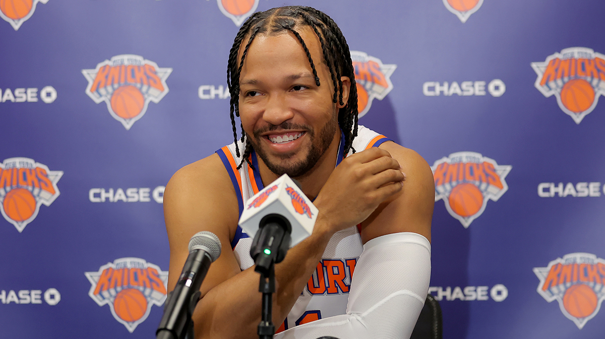 Sep 23, 2025; New York, NY, USA; New York Knicks guard Jalen Brunson speaks to the media during a media day press conference at the Madison Square Garden training center. Mandatory Credit: Brad Penner-Imagn Images
