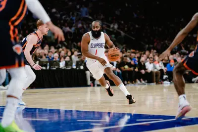 Clippers' newest star James Harden on a scoring drive against the New York Knicks