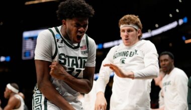 Michigan State guard Jase Richardson (11) reacts to play against Mississippi during the first half in the Sweet 16 of the NCAA college basketball tournament, Friday, March 28, 2025, in Atlanta. (AP Photo/George Walker IV)