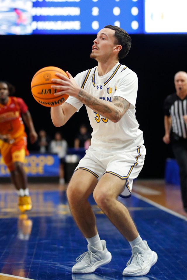 San Jose State guard Steven Vasquez shooting a three-pointer.