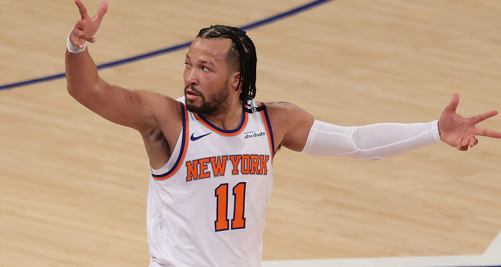 Jalen Brunson #11 of the New York Knicks celebrates a three point basket against the Indiana Pacers during the second quarter in Game Five of the Eastern Conference Finals of the 2025 NBA Playoffs at Madison Square Garden on May 29, 2025 in New York City.