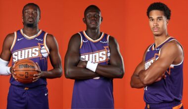 From left to right, Phoenix Suns centers Mark Williams, Khaman Maluach and Oso Igahodaro at Suns me...