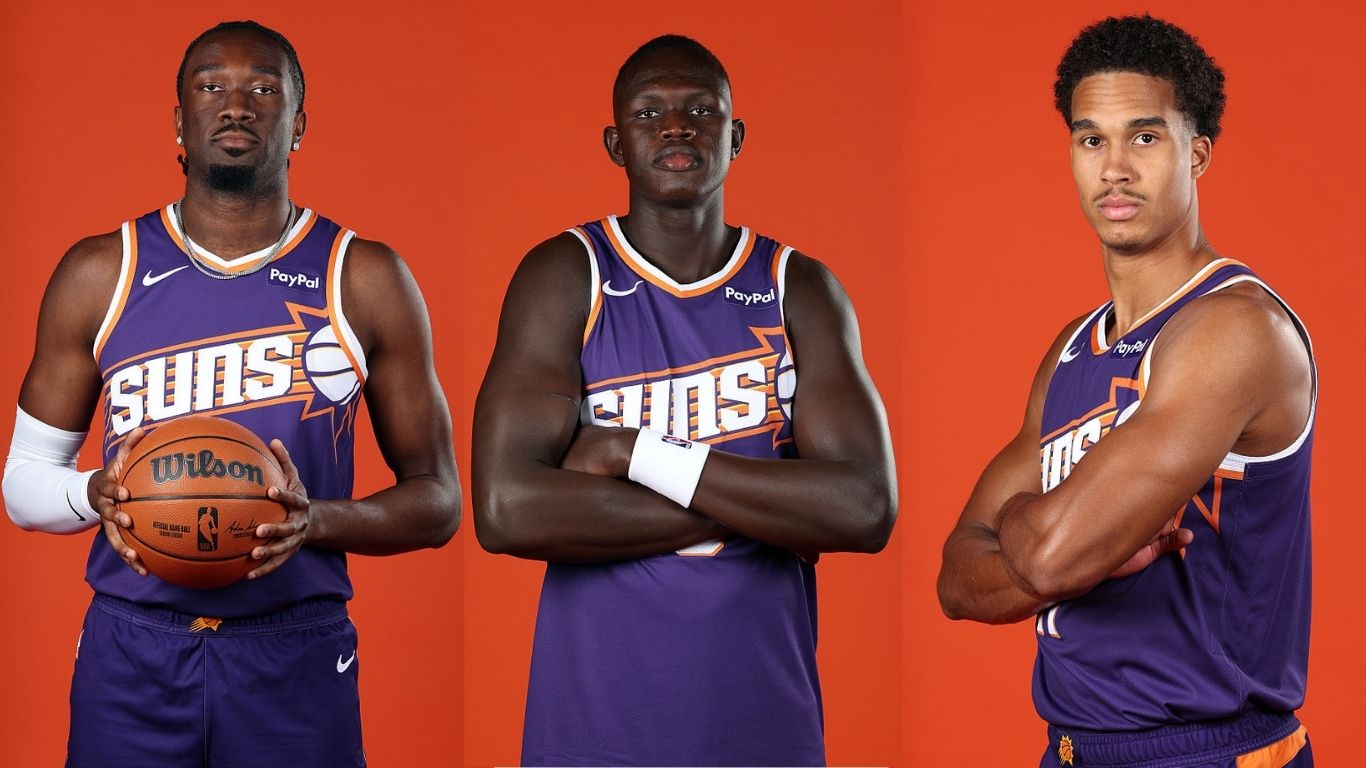 From left to right, Phoenix Suns centers Mark Williams, Khaman Maluach and Oso Igahodaro at Suns me...