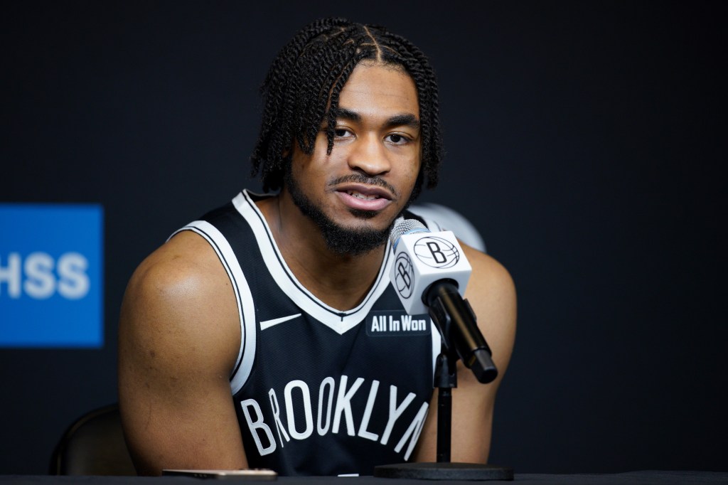 Cam Thomas #24 of the Brooklyn Nets speaking to the media at Brooklyn Nets Media Day.