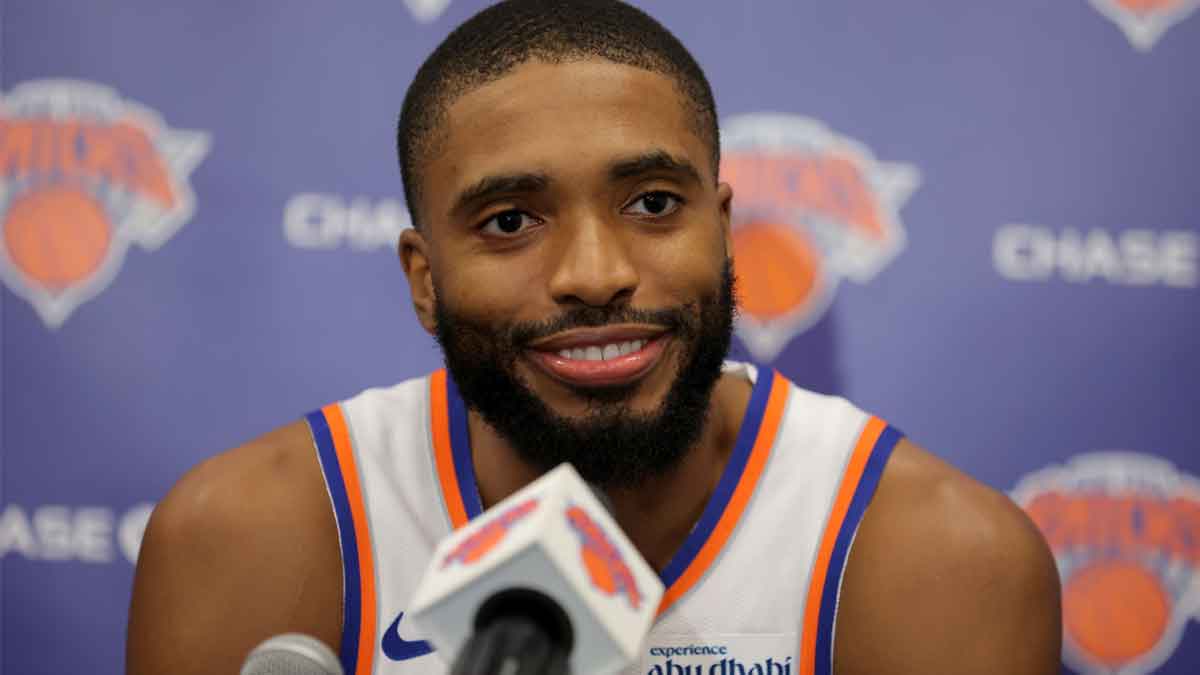 Sep 23, 2025; New York, NY, USA; New York Knicks forward Mikal Bridges speaks to the media during a media day press conference at the Madison Square Garden training center. Mandatory Credit: Brad Penner-Imagn Images