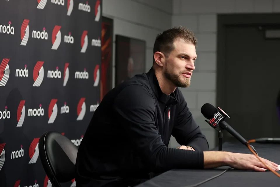 Tiago Splitter addresses reporters following the Trail Blazers’ Oct. 24 win. AP