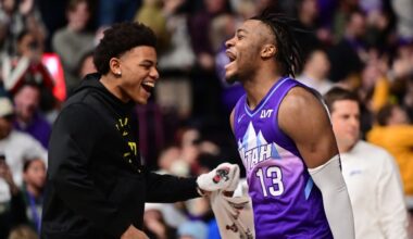 Utah Jazz guard Keyonte George (3) celebrates with Utah Jazz guard Isaiah Collier (13)