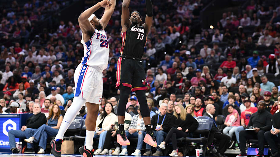Heat center Bam Adebayo shoots the ball against the 76ers.