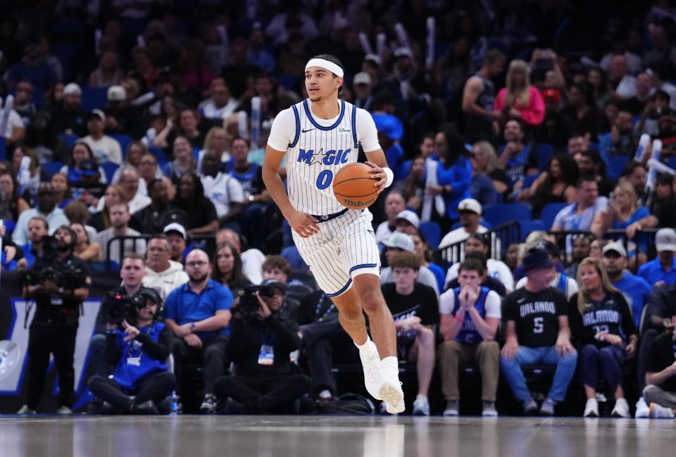 Anthony Black #0 of the Orlando Magic dribbles the ball up the court
