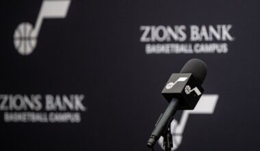 Utah Jazz microphone ahead of a press conference