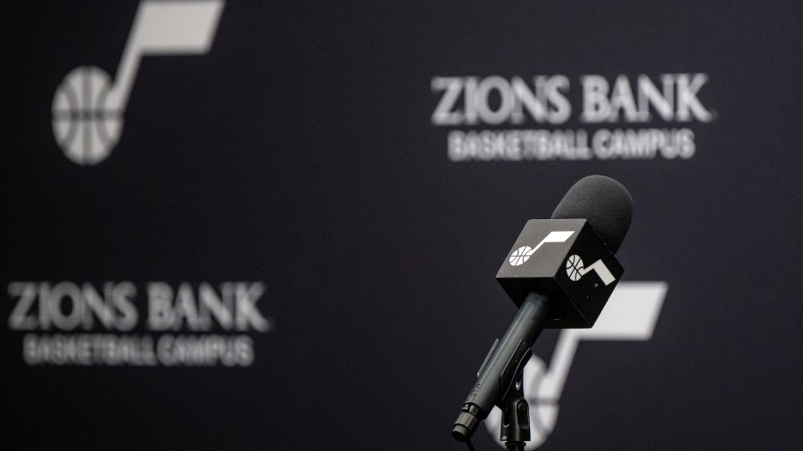 Utah Jazz microphone ahead of a press conference