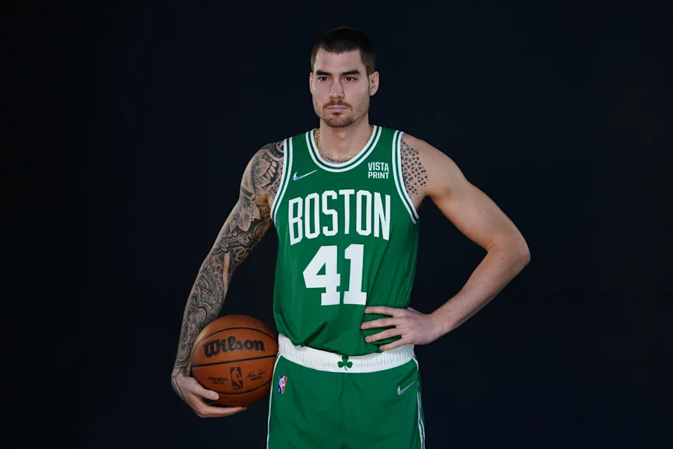 Sep 27, 2021; Canton, MA, USA; Boston Celtics forward Juancho Hernangomez (41) during Celtics Media Day in Canton MA. Mandatory Credit: David Butler II-USA TODAY Sports