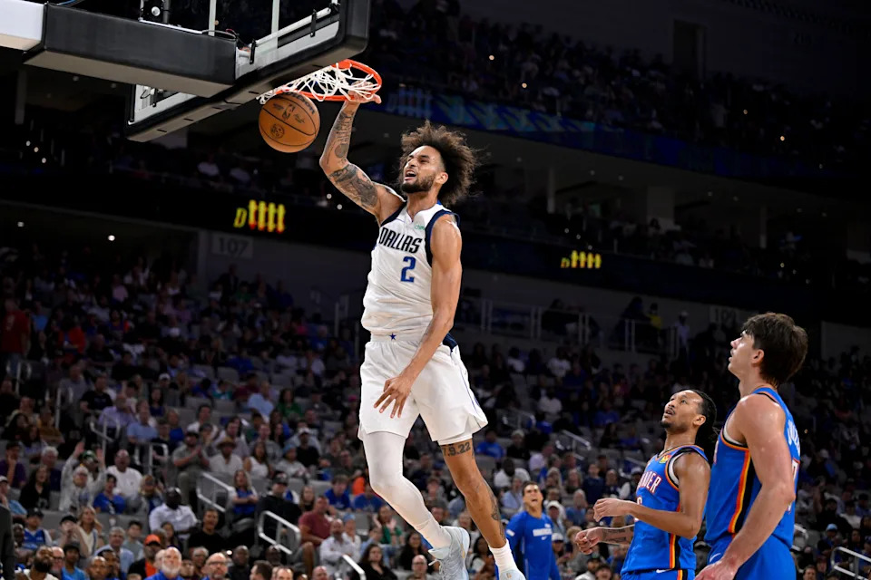 Oct 6, 2025; Fort Worth, Texas, USA; Dallas Mavericks center Dereck Lively II (2) dunks the ball during the second quarter against the Oklahoma City Thunder at Dickie's Arena. Mandatory Credit: Jerome Miron-Imagn Images
