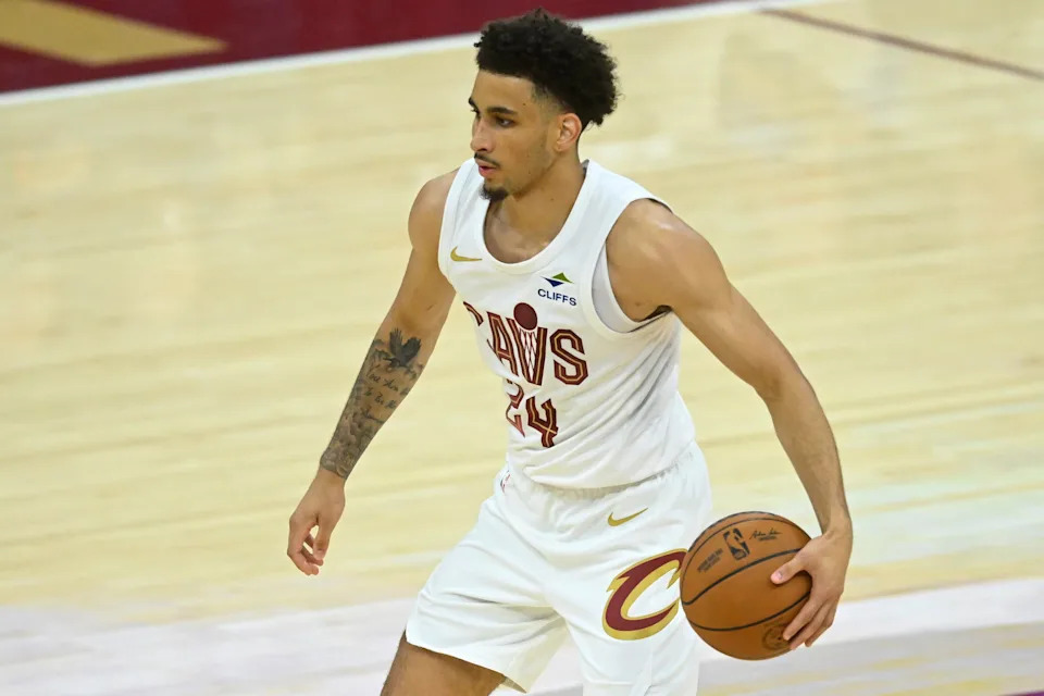Oct 14, 2025; Cleveland, Ohio, USA; Cleveland Cavaliers guard Tyrese Proctor (24) brings the ball up court in the fourth quarter against the Detroit Pistons at Rocket Arena.