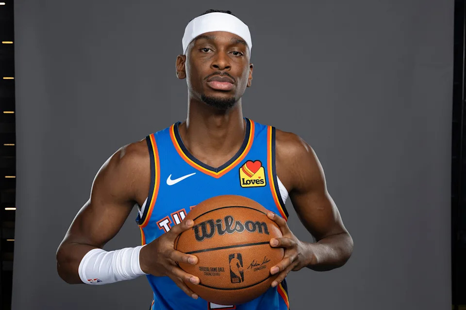Sep 29, 2025; Oklahoma City, OK, USA; Oklahoma City Thunder guard Shai Gilgeous-Alexander poses for a photo during the 2025 Oklahoma City Thunder media day at Paycom Center. Mandatory Credit: Alonzo Adams-Imagn Images