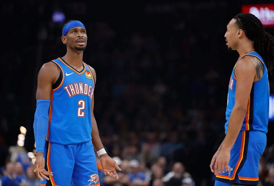 Oct 30, 2025; Oklahoma City, Oklahoma, USA; Oklahoma City Thunder guard Shai Gilgeous-Alexander (2) and forward Jaylin Williams (6) react after an officials call after a play against the Washington Wizards during the second quarter at Paycom Center. Mandatory Credit: Alonzo Adams-Imagn Images