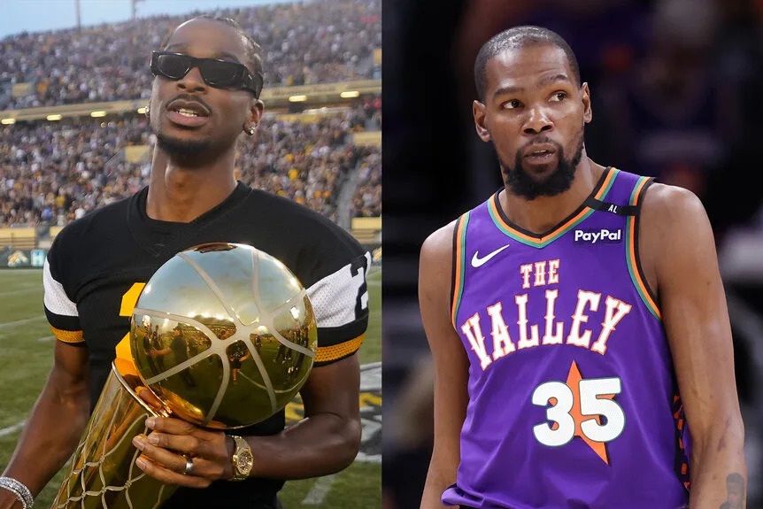 A split featuring Shai Gilgeous-Alexander #2 of the Oklahoma City Thunder and Kevin Durant #35 of the Phoenix Suns.