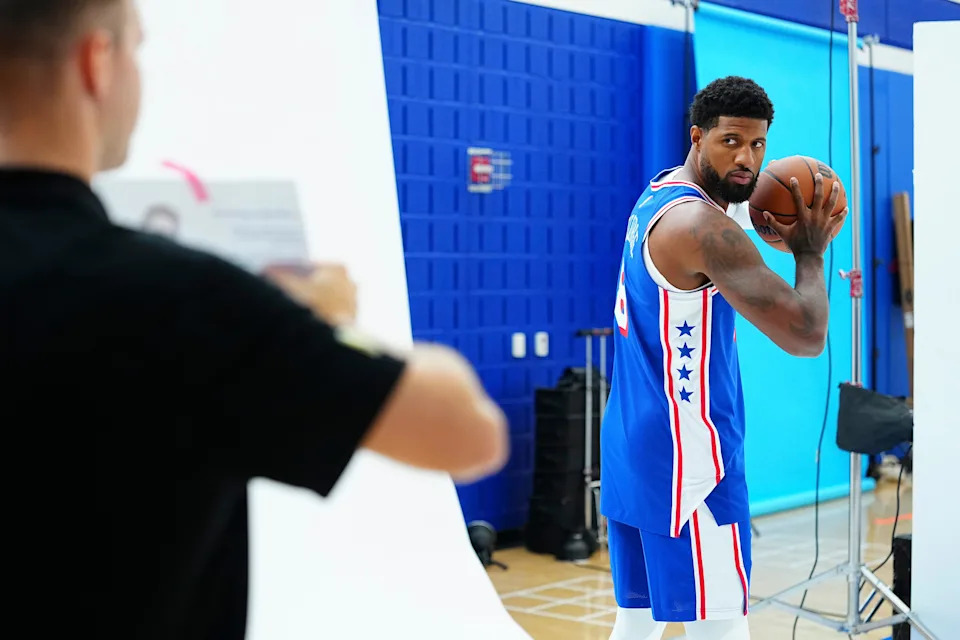 CAMDEN, NEW JERSEY - SEPTEMBER 26: Paul George #8 of the Philadelphia 76ers participates in media day at 76ers Training Complex on September 26, 2025 in Camden, New Jersey. NOTE TO USER: User expressly acknowledges and agrees that, by downloading and or using this photograph, User is consenting to the terms and conditions of the Getty Images License Agreement. (Photo by Mitchell Leff/Getty Images)