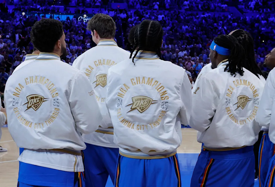 Oct 21, 2025; Oklahoma City, Oklahoma, USA; The backs of the Oklahoma City Thunder’s championship jackets before the start of a game against the Houston Rockets at Paycom Center. Mandatory Credit: Alonzo Adams-Imagn Images